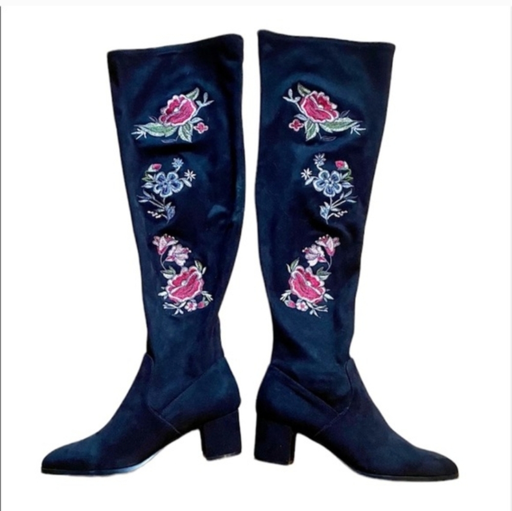 Impo Black Over-the-Knee Boots with Pink & Blue Floral Embroidery